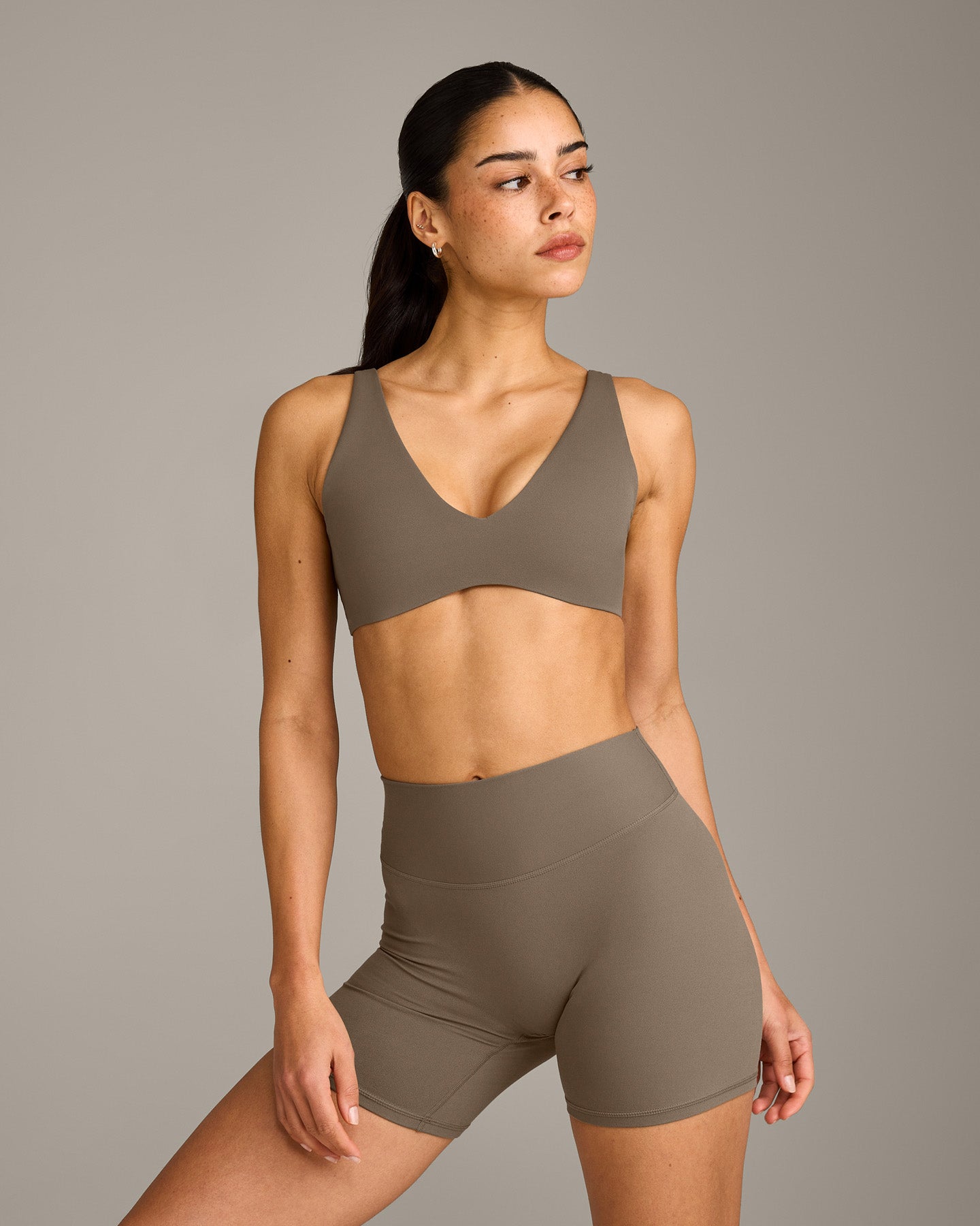 SoftMotion™ Scoop Back Bralette with Gray Logo | Moss Brown
