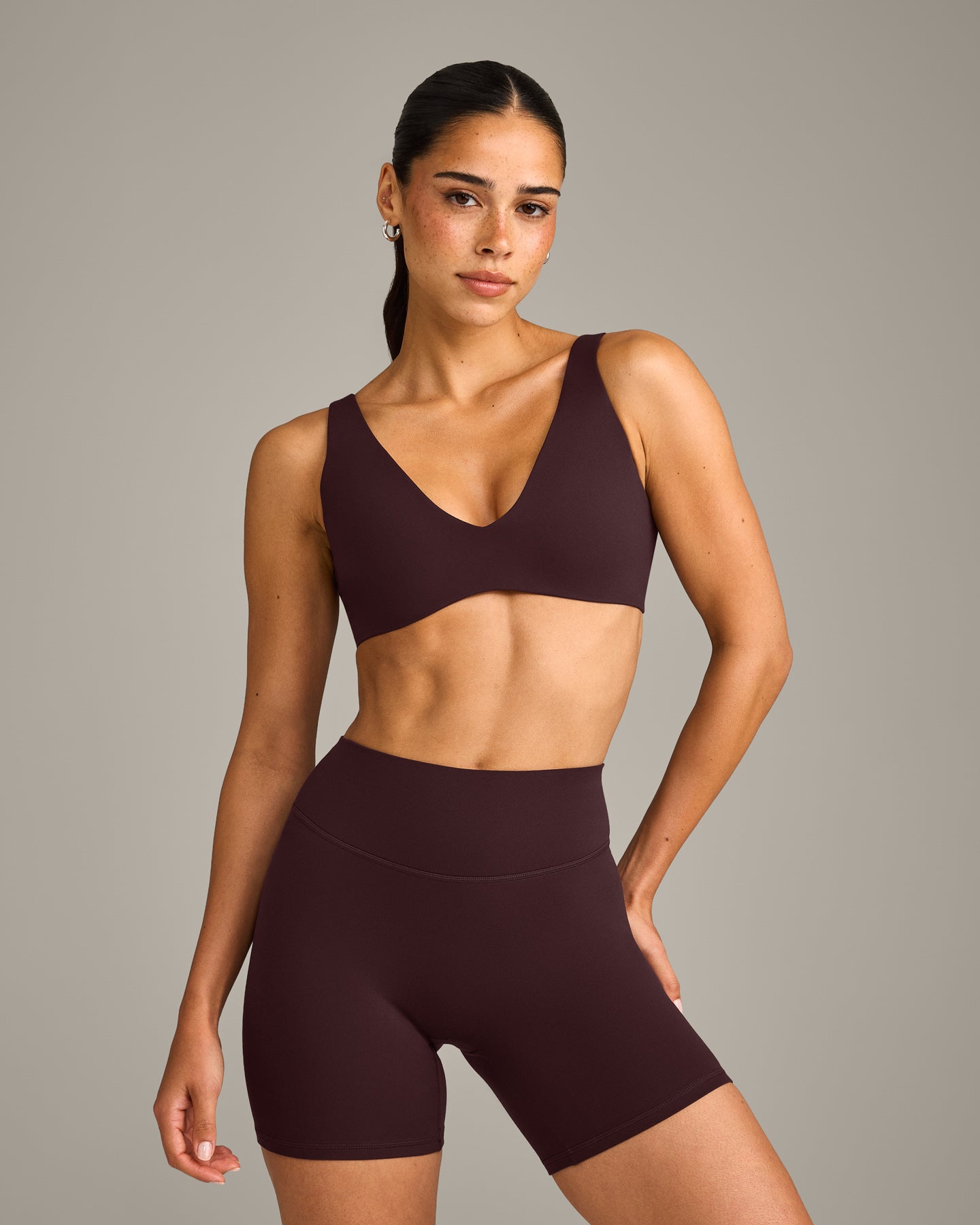 SoftMotion™ Scoop Back Bralette with Gray Logo | Plum Brown
