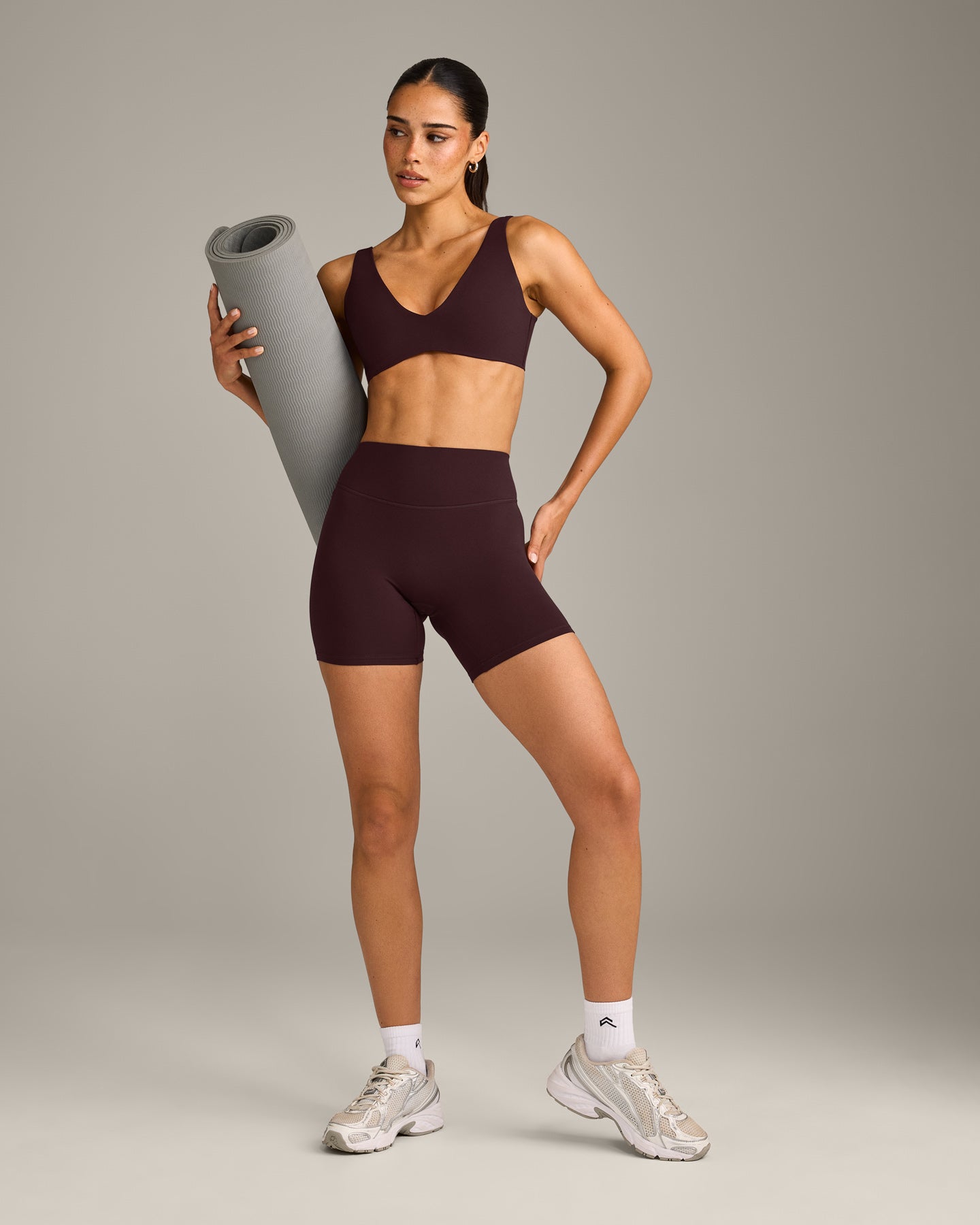 SoftMotion™ Scoop Back Bralette with Gray Logo | Plum Brown