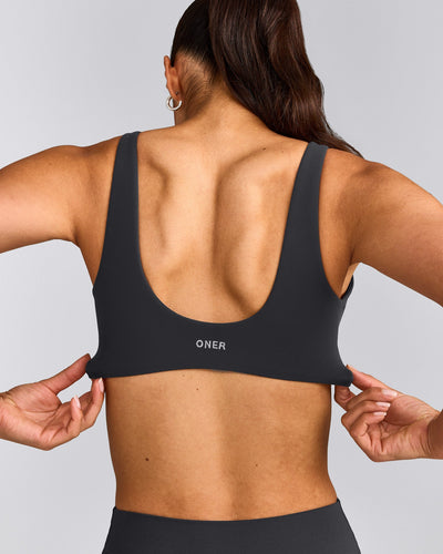 SoftMotion™ Scoop Back Bralette with Gray Logo | Coal