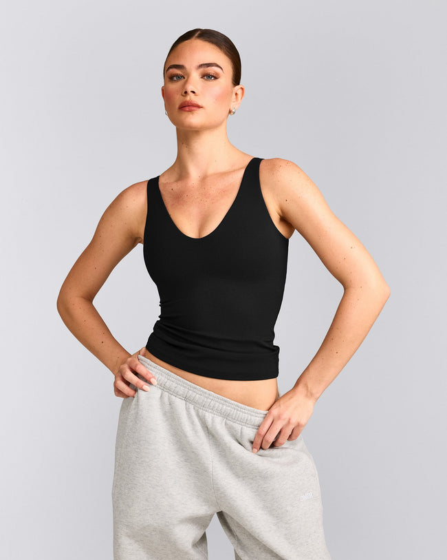 SoftMotion™ Scoop Neck Tank Top with Gray Logo | Black