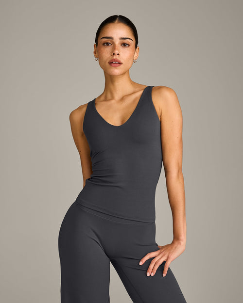 SoftMotion™ Scoop Neck Tank Top with Gray Logo | Coal