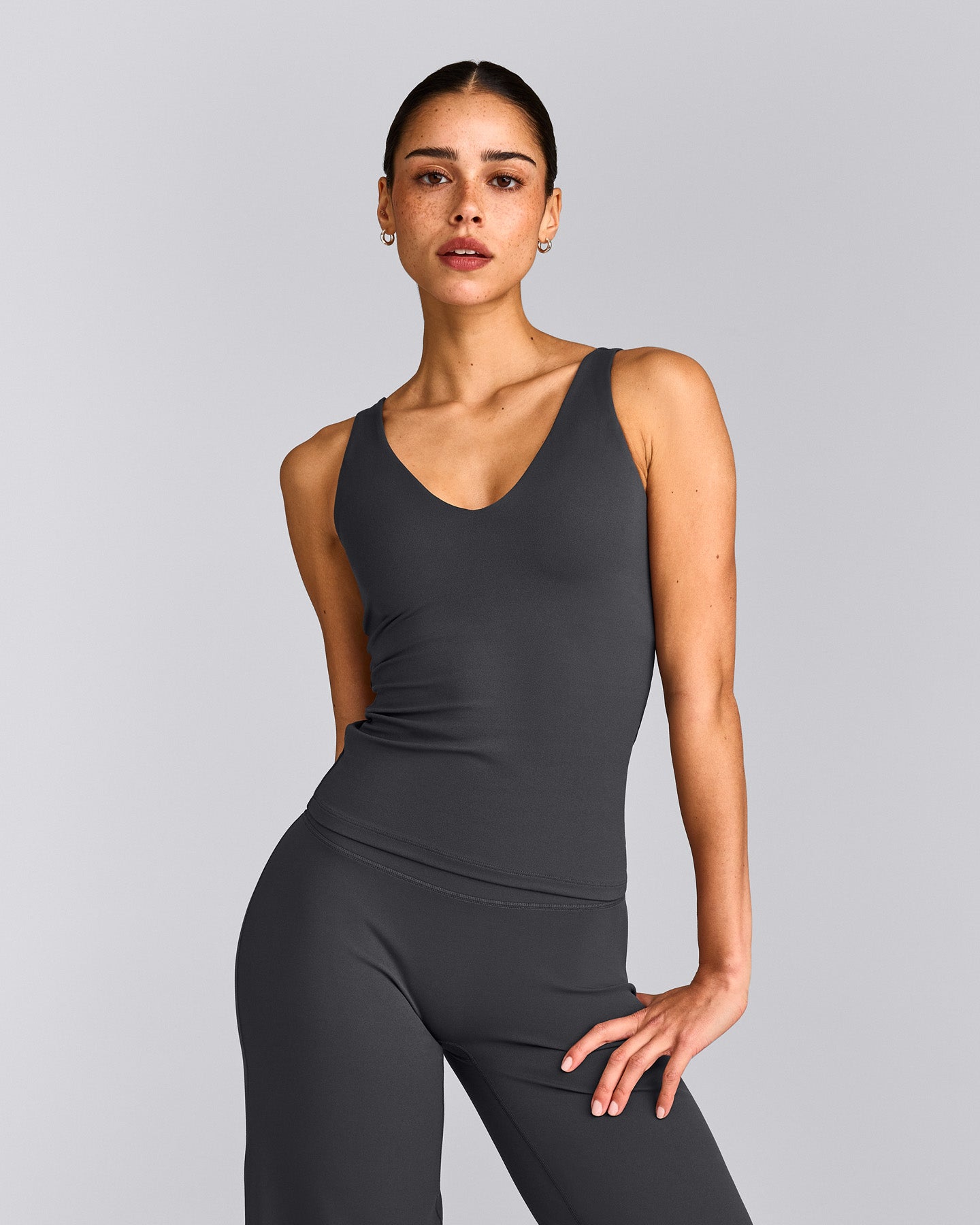 SoftMotion™ Scoop Neck Tank Top with Gray Logo | Coal