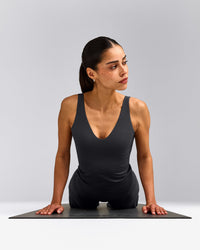 SoftMotion™ Scoop Neck Tank Top with Gray Logo | Coal