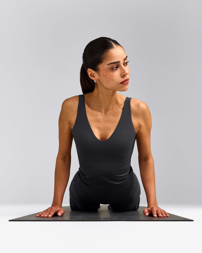 SoftMotion™ Scoop Neck Tank Top with Gray Logo | Coal