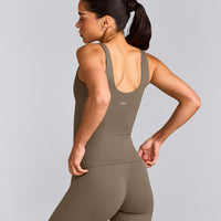 SoftMotion™ Scoop Neck Tank Top with Gray Logo | Moss Brown