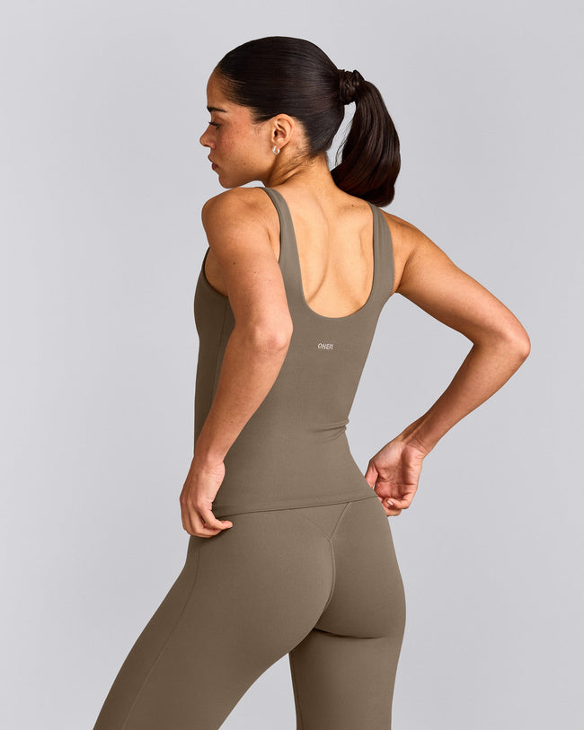 SoftMotion™ Scoop Neck Tank Top with Gray Logo | Moss Brown