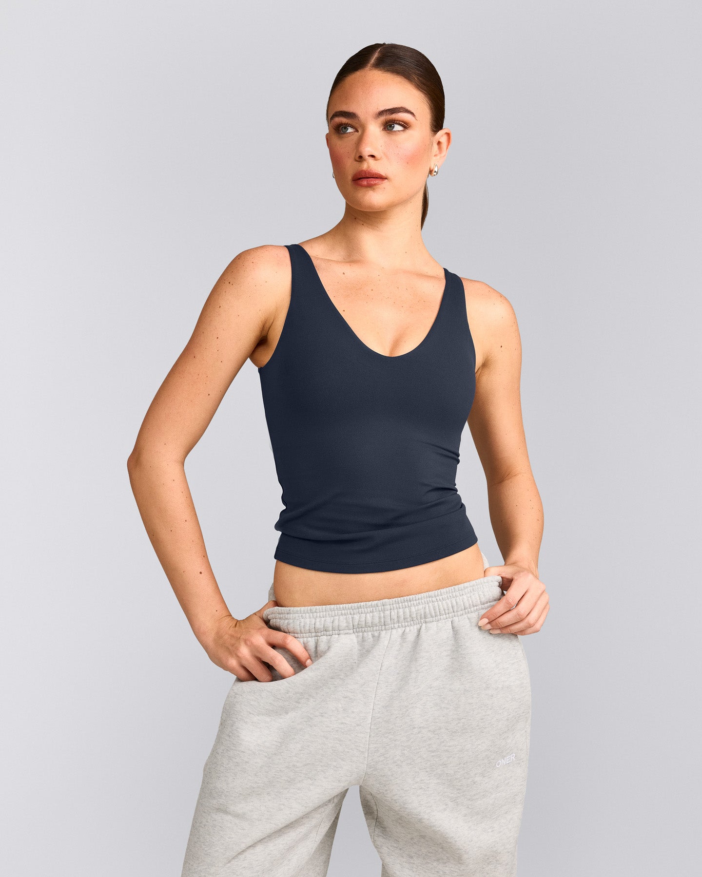 SoftMotion™ Scoop Neck Tank Top with Gray Logo | True Blue