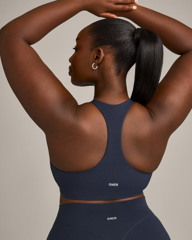 SoftMotion™ Sports Bra with Gray Logo | True Blue