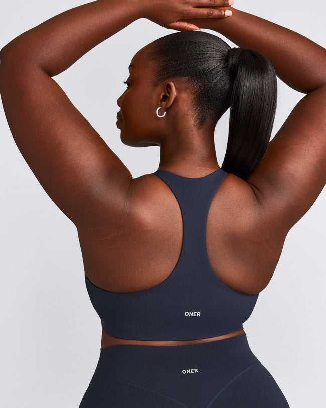 SoftMotion™ Sports Bra with Gray Logo | True Blue