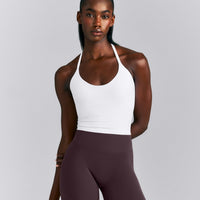 SoftMotion™ Strappy Halter Neck Mid Tank Top with Built in Bra Shelf New Branding | White