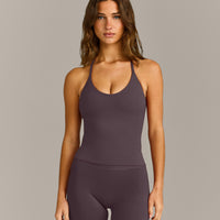 SoftMotion™ Strappy Halter Neck Tank Top with Built in Shelf with Gray Logo | Dark Umber Brown