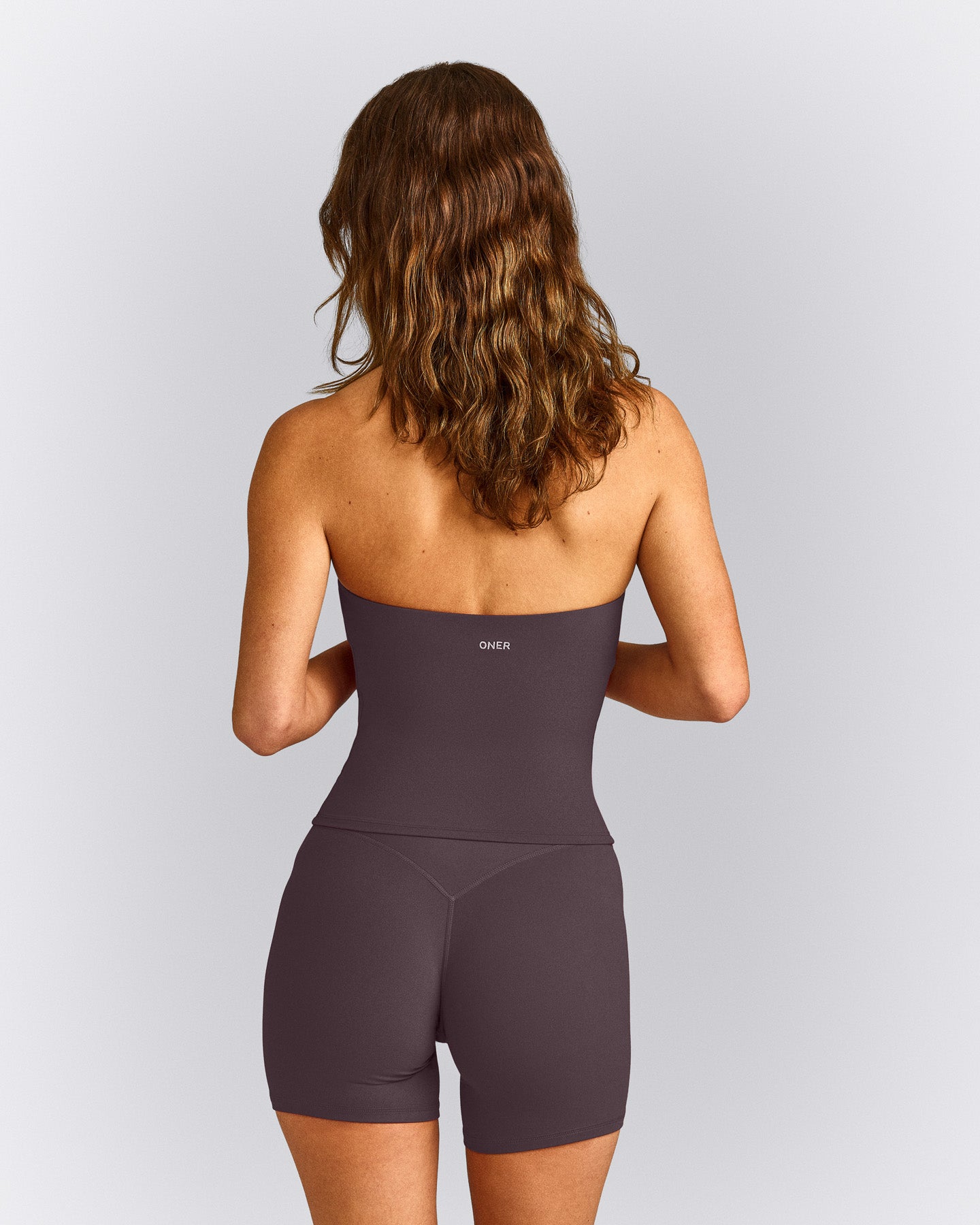 SoftMotion™ Strappy Halter Neck Tank Top with Built in Bra Shelf with Gray Logo | Dark Umber Brown