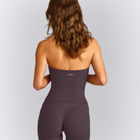 SoftMotion™ Strappy Halter Neck Tank Top with Built in Bra Shelf with Gray Logo | Dark Umber Brown