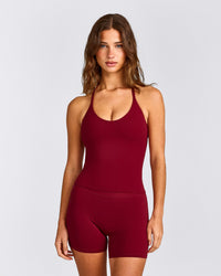 SoftMotion™ Strappy Halter Neck Tank Top with Built in Bra Shelf with Gray Logo | Ruby Red