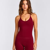 SoftMotion™ Strappy Halter Neck Tank Top with Built in Bra Shelf with Gray Logo | Ruby Red