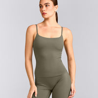 SoftMotion™ Strappy Tank Top with Built in Bra Shelf with Gray Logo | Alpine Green