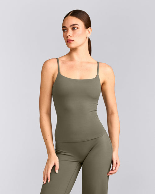 SoftMotion™ Strappy Tank Top with Built in Bra Shelf with Gray Logo | Alpine Green