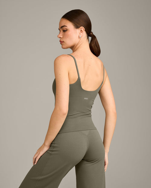 SoftMotion™ Strappy Tank Top with Built in Bra Shelf with Gray Logo | Alpine Green