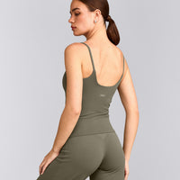 SoftMotion™ Strappy Tank Top with Built in Bra Shelf with Gray Logo | Alpine Green