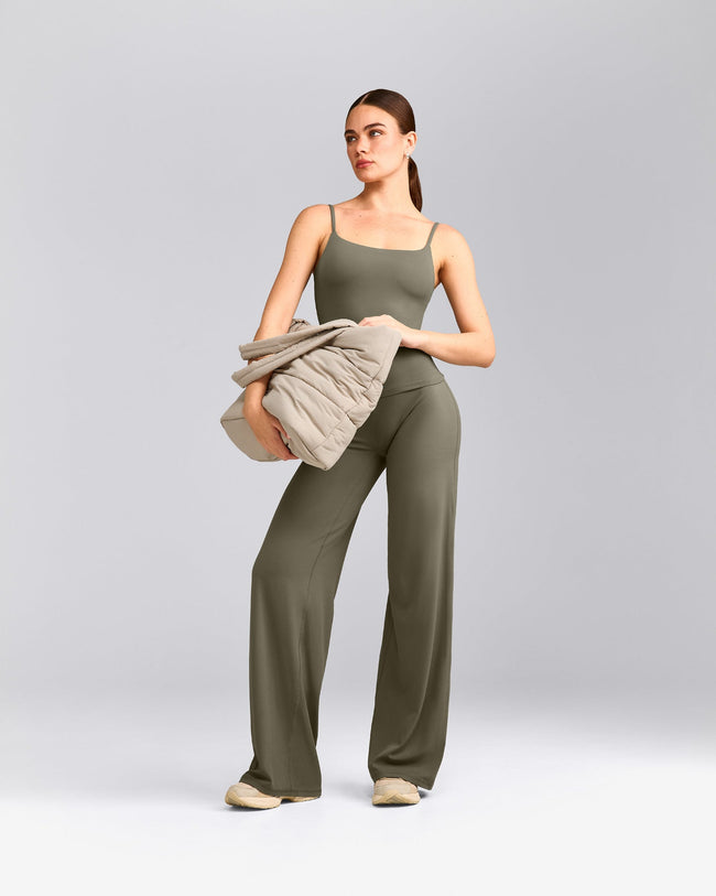 SoftMotion™ Strappy Tank Top with Built in Bra Shelf with Gray Logo | Alpine Green