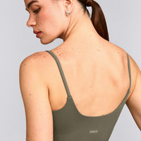 SoftMotion™ Strappy Tank Top with Built in Bra Shelf with Gray Logo | Alpine Green