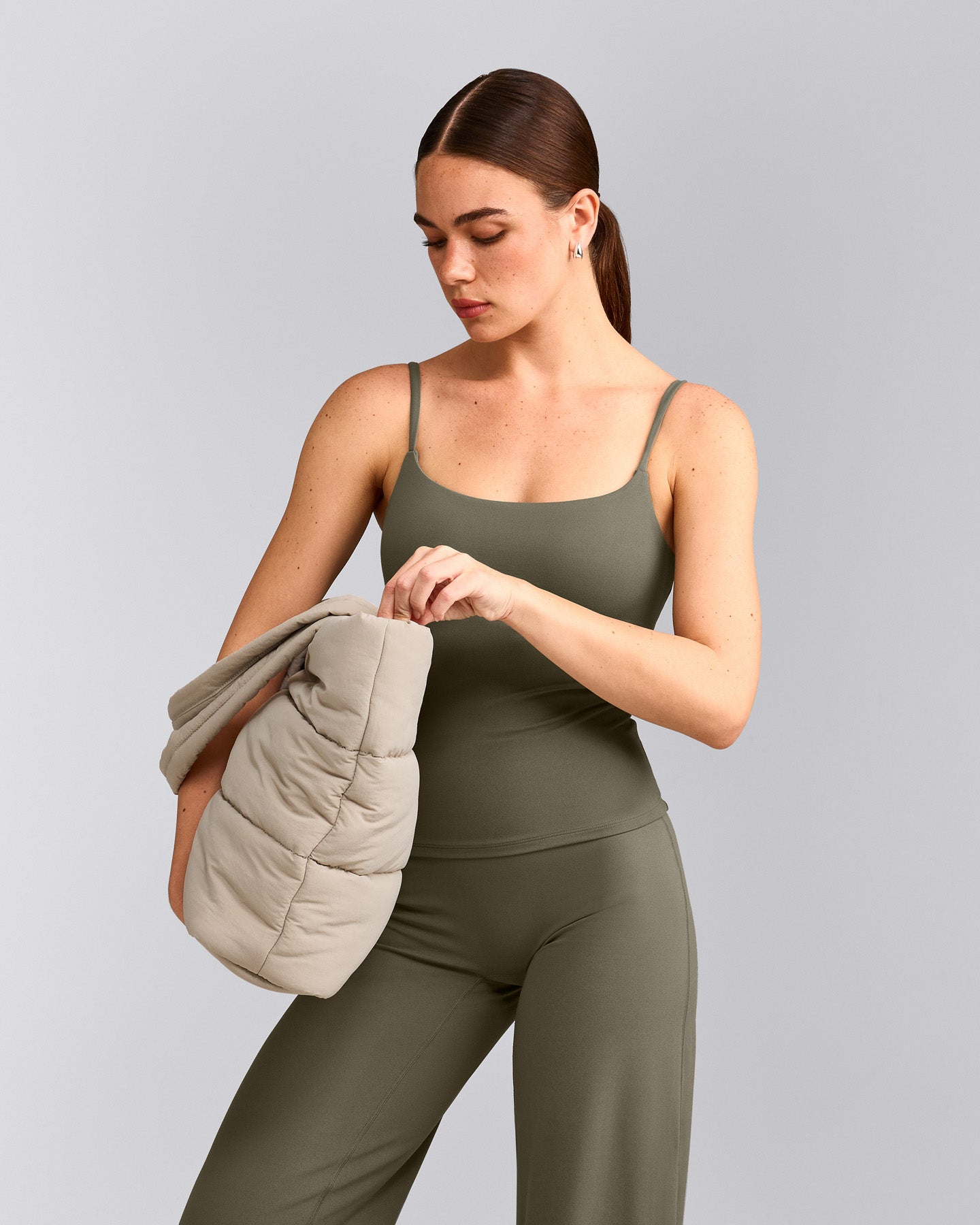 SoftMotion™ Strappy Tank Top with Built in Bra Shelf with Gray Logo | Alpine Green