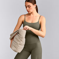 SoftMotion™ Strappy Tank Top with Built in Bra Shelf with Gray Logo | Alpine Green