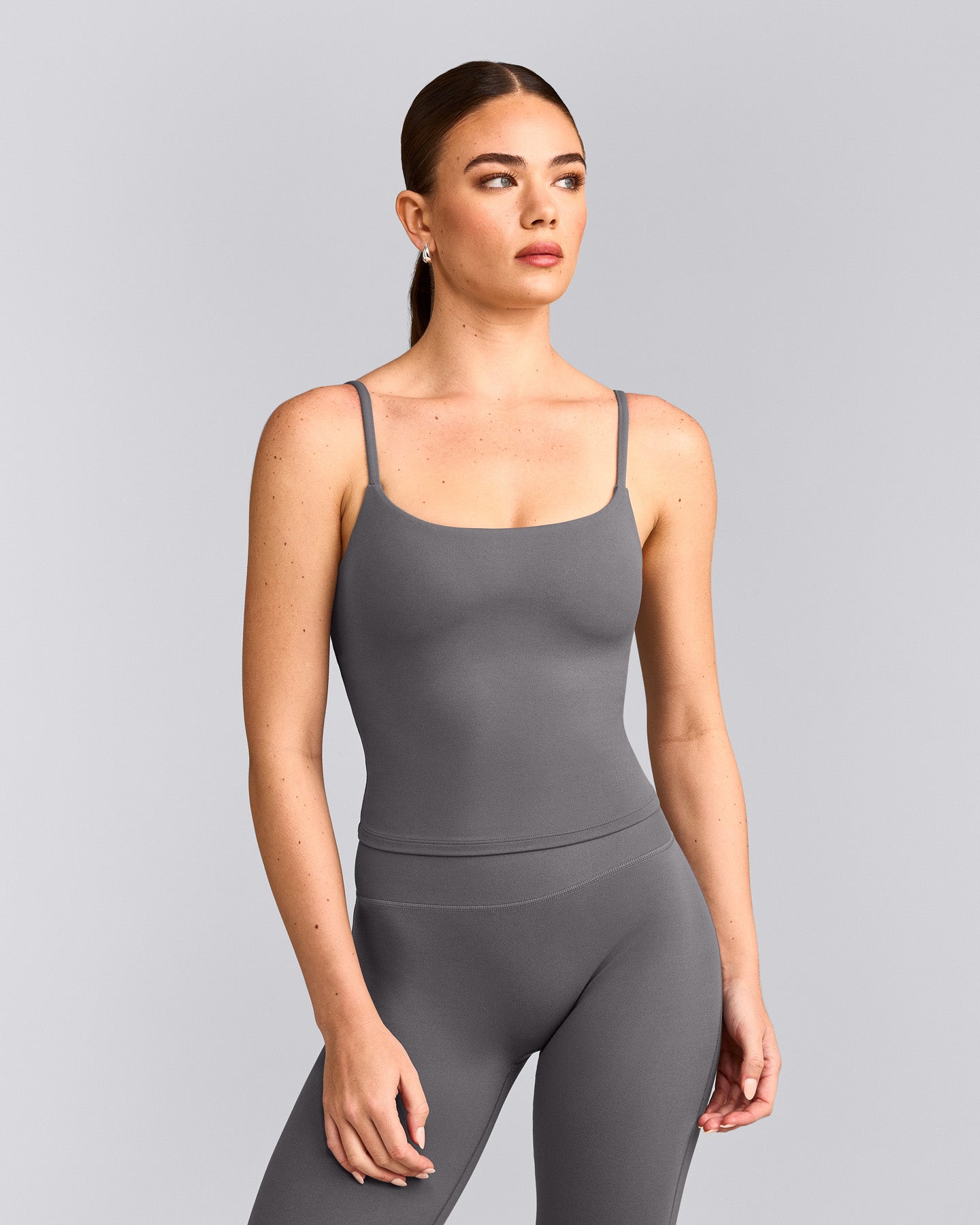 SoftMotion™ Strappy Mid Tank Top with Built in Bra Shelf with Gray Logo | Ash Gray