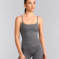 SoftMotion™ Strappy Mid Tank Top with Built in Bra Shelf with Gray Logo | Ash Gray