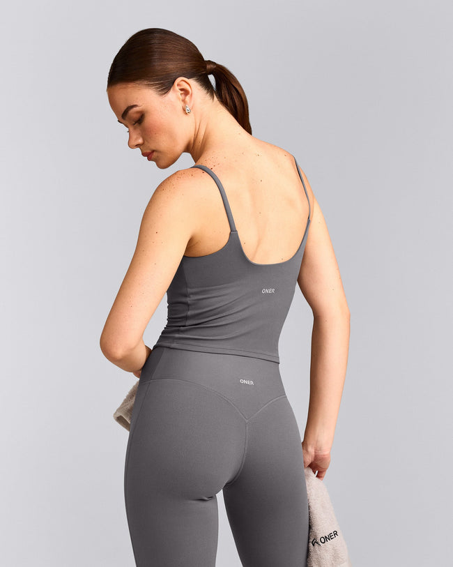 SoftMotion™ Strappy Mid Tank Top with Built in Bra Shelf with Gray Logo | Ash Gray