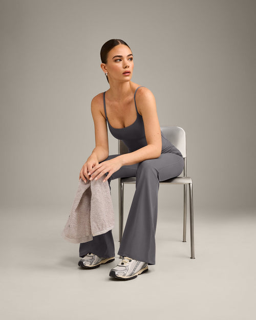 SoftMotion™ Strappy Mid Tank Top with Built in Bra Shelf with Gray Logo | Ash Gray