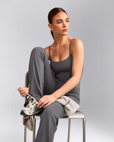 SoftMotion™ Strappy Mid Tank Top with Built in Bra Shelf with Gray Logo | Ash Gray