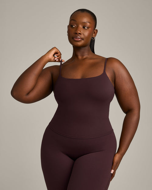SoftMotion™ Strappy Mid Tank Top with Built in Bra Shelf with Gray Logo | Plum Brown