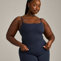 SoftMotion™ Strappy Mid Tank Top with Built in Bra Shelf with Gray Logo | True Blue