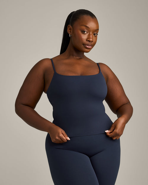 SoftMotion™ Strappy Mid Tank Top with Built in Bra Shelf with Gray Logo | True Blue