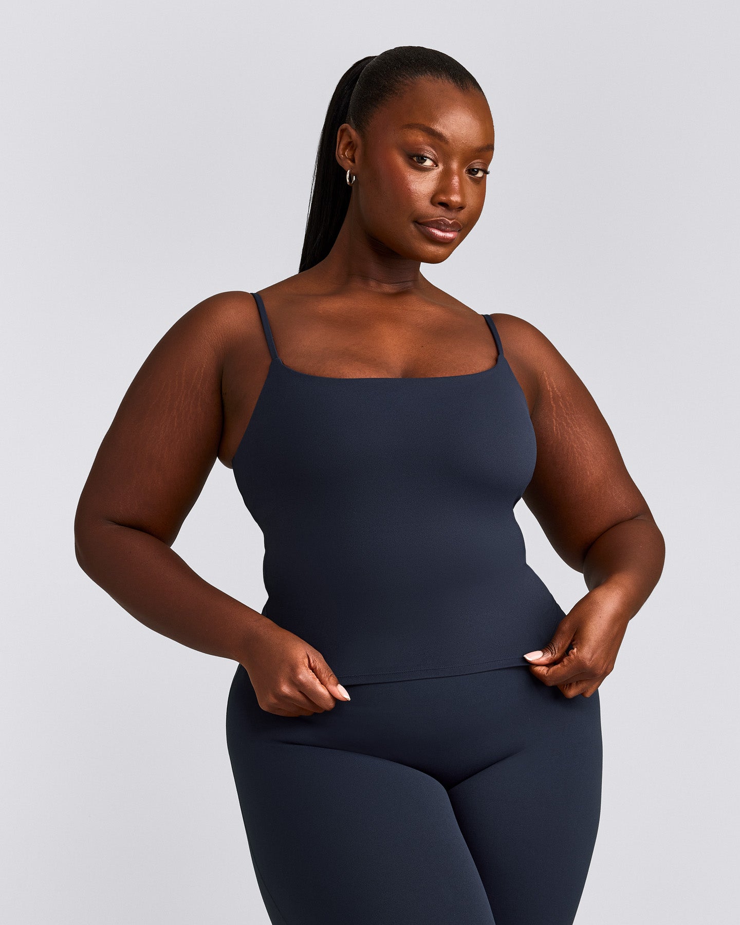 SoftMotion™ Strappy Mid Tank Top with Built in Bra Shelf with Gray Logo | True Blue