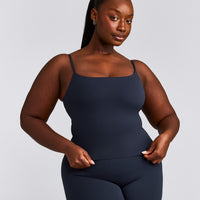 SoftMotion™ Strappy Mid Tank Top with Built in Bra Shelf with Gray Logo | True Blue