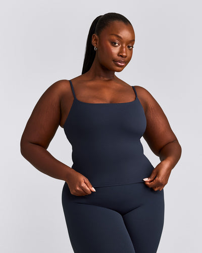 SoftMotion™ Strappy Mid Tank Top with Built in Bra Shelf with Gray Logo | True Blue