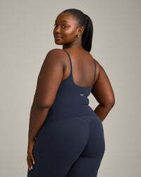 SoftMotion™ Strappy Mid Tank Top with Built in Bra Shelf with Gray Logo | True Blue