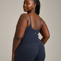 SoftMotion™ Strappy Mid Tank Top with Built in Bra Shelf with Gray Logo | True Blue