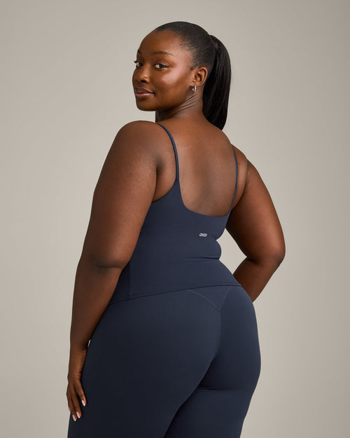 SoftMotion™ Strappy Mid Tank Top with Built in Bra Shelf with Gray Logo | True Blue