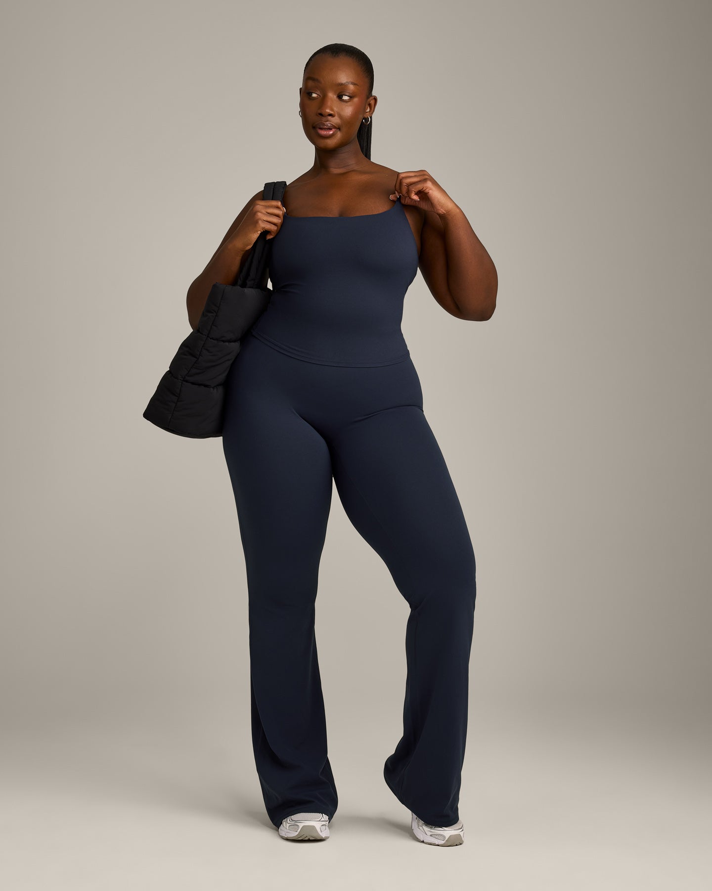 SoftMotion™ Strappy Mid Tank Top with Built in Bra Shelf with Gray Logo | True Blue