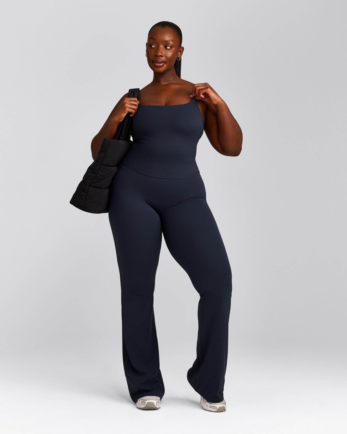 SoftMotion™ Strappy Mid Tank Top with Built in Bra Shelf with Gray Logo | True Blue