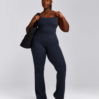 SoftMotion™ Strappy Mid Tank Top with Built in Bra Shelf with Gray Logo | True Blue