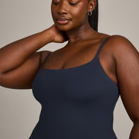SoftMotion™ Strappy Mid Tank Top with Built in Bra Shelf with Gray Logo | True Blue