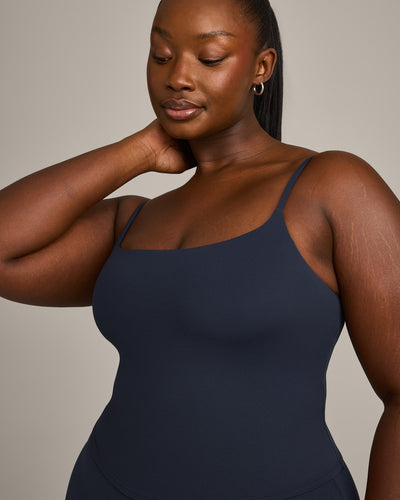 SoftMotion™ Strappy Mid Tank Top with Built in Bra Shelf with Gray Logo | True Blue