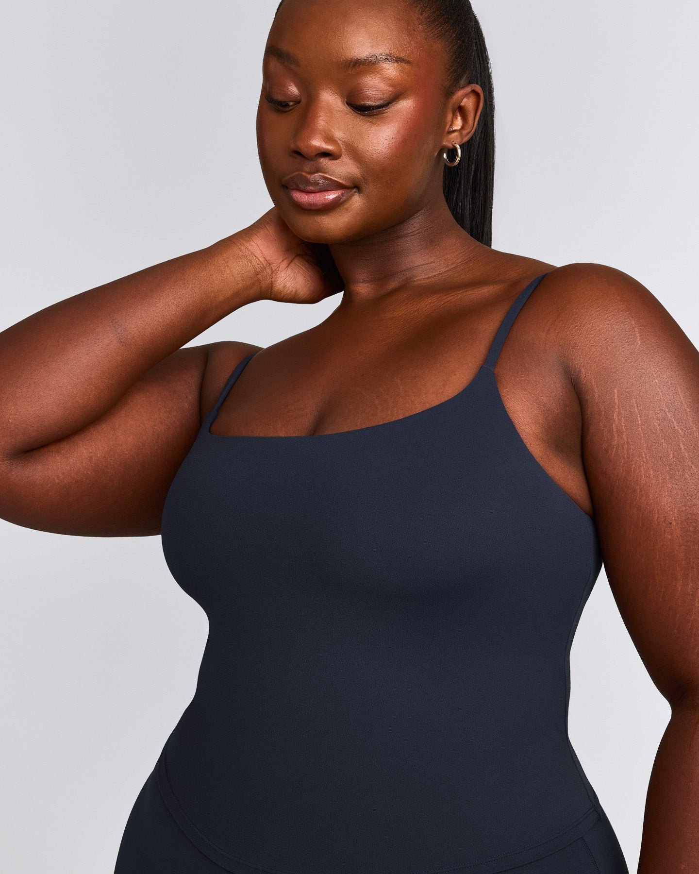 SoftMotion™ Strappy Mid Tank Top with Built in Bra Shelf with Gray Logo | True Blue