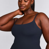 SoftMotion™ Strappy Mid Tank Top with Built in Bra Shelf with Gray Logo | True Blue