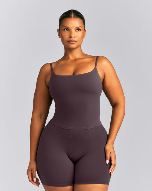 SoftMotion™ Strappy Mid Tank Top with Built in Bra Shelf | Dark Umber Brown